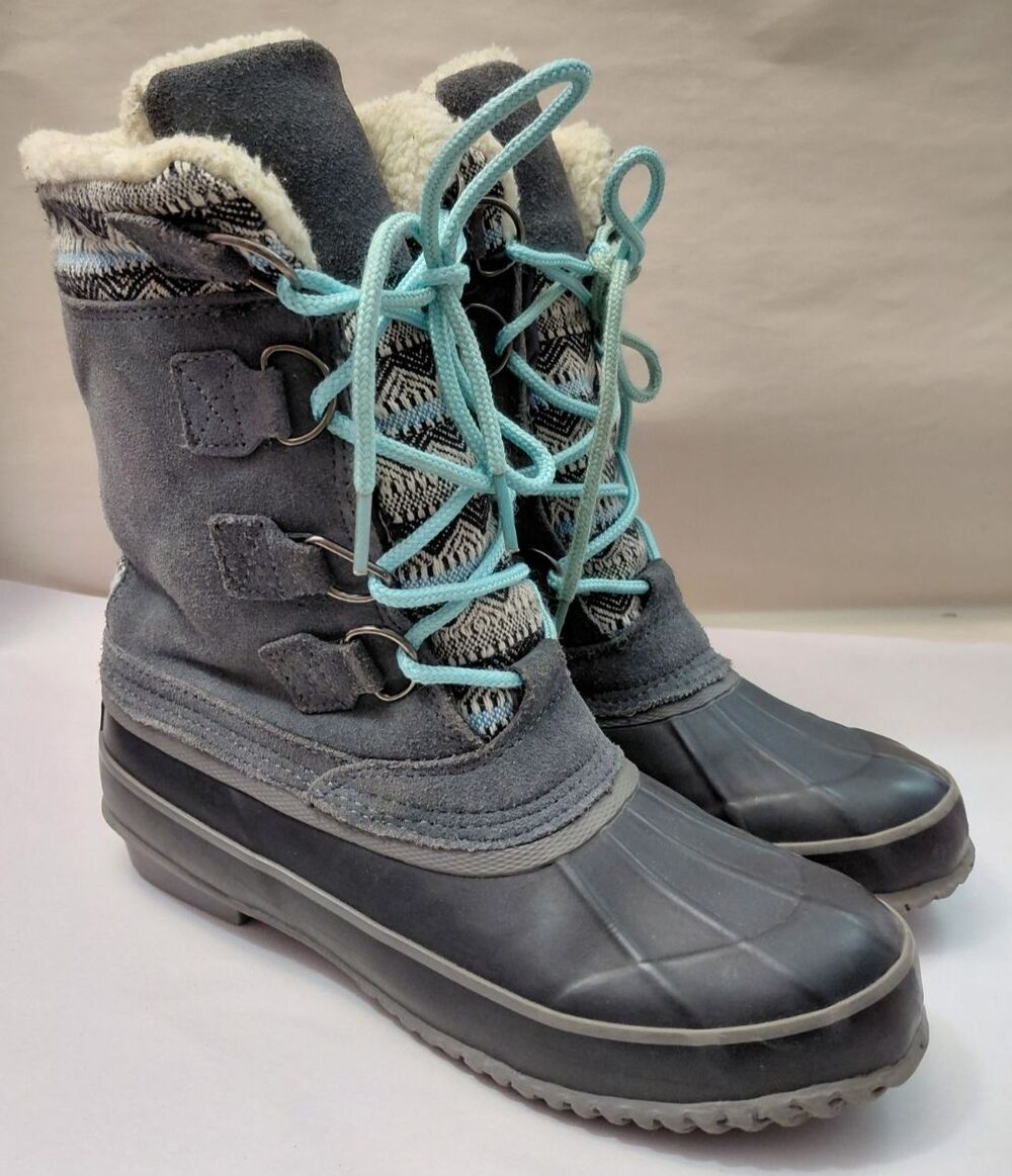 KHOMBU "Vail" Suede Leather Winter Snow Boots Size 7M Gray w/Blue